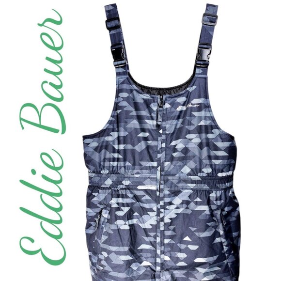 EDDIE BAUER POWDER SEARCH SKI BIB GRAY GEOMETRIC WINTER INSULATED, YOUTH MEDIUM - Picture 4 of 16